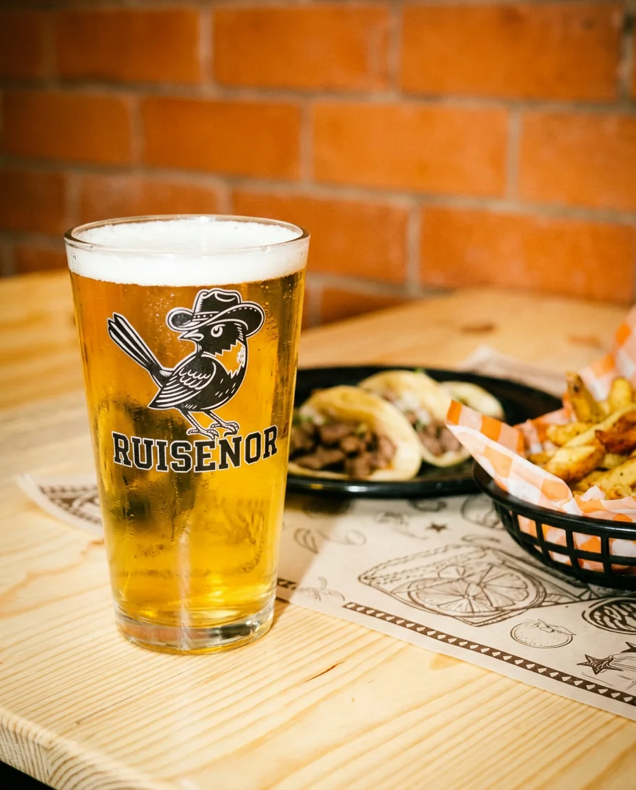 Pinta de cerveza Pilsner dorada con espuma, con el logo de Ruiseñor, junto a tacos y papas