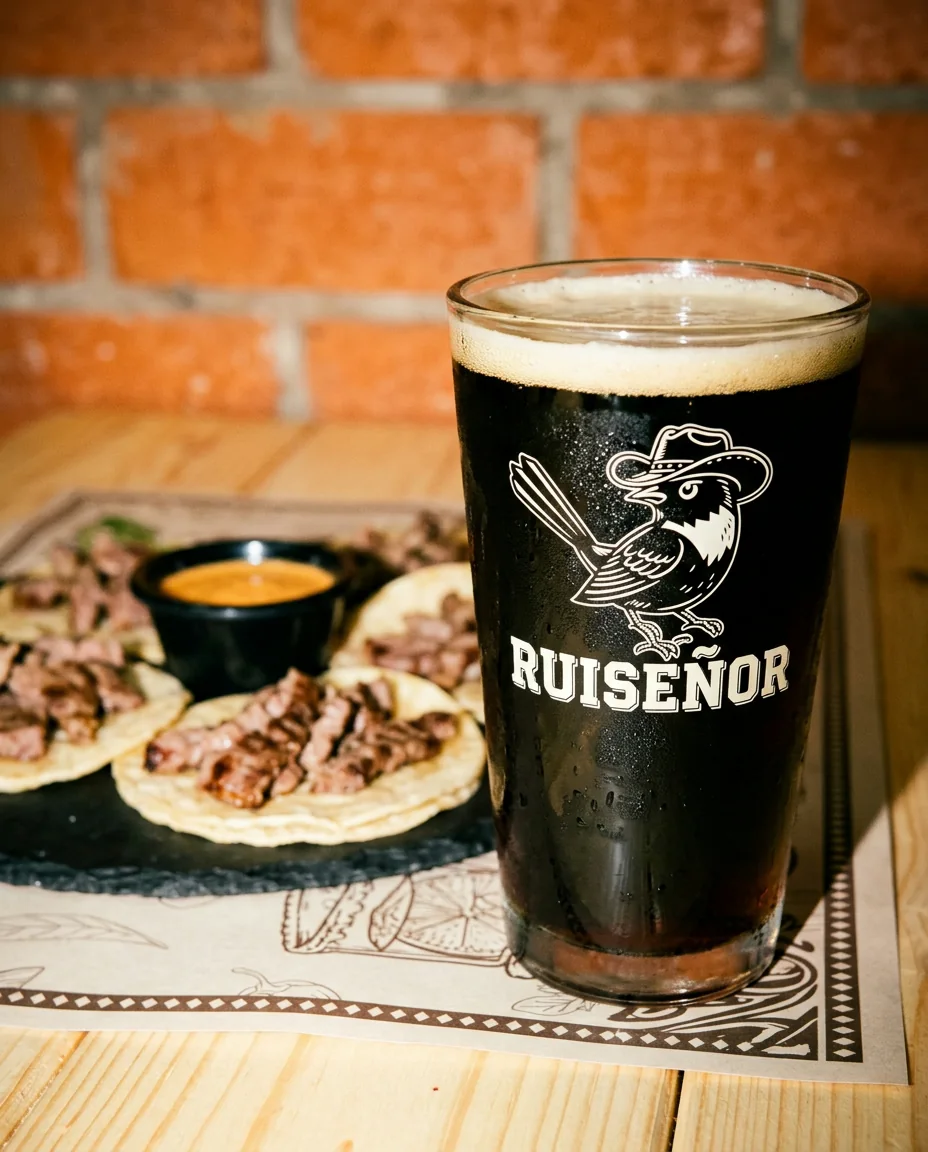 Pinta de cerveza Schwarzbier casi negra con espuma cremosa, con el logo de Ruiseñor, junto a tacos de carne asada