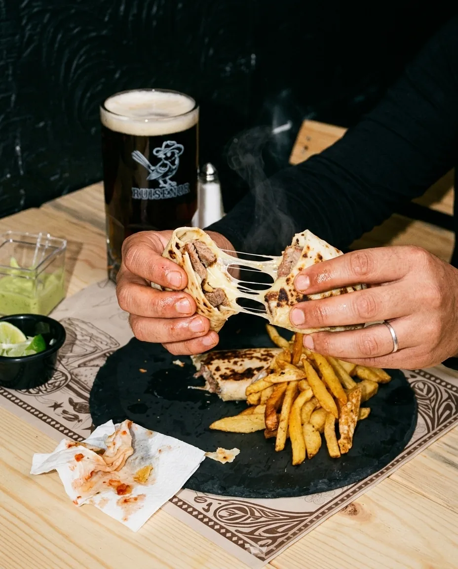 Dos manos abren un burrito norteño con queso derretido, junto a una cerveza obscura