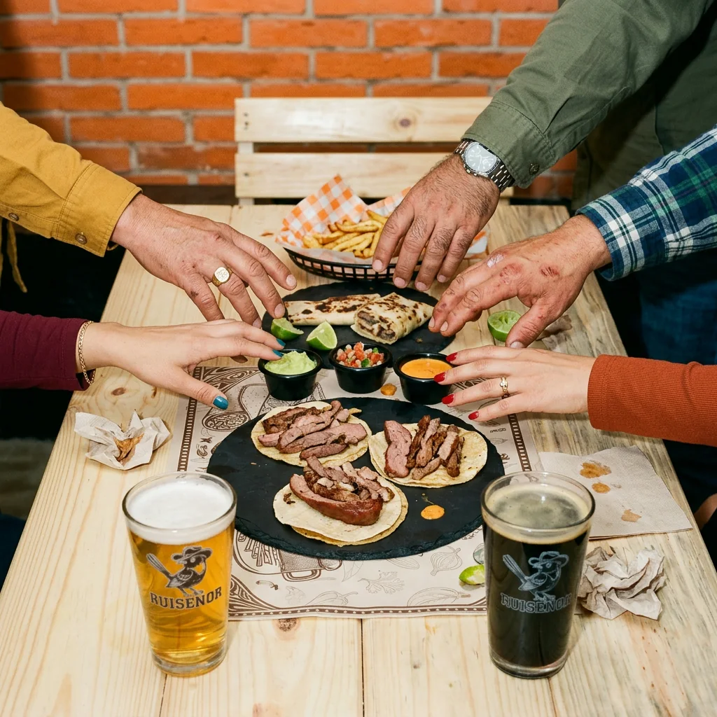 Cinco manos alcanzan tacos, papas y burrito sobre una mesa de pino, junto a cervezas de la casa