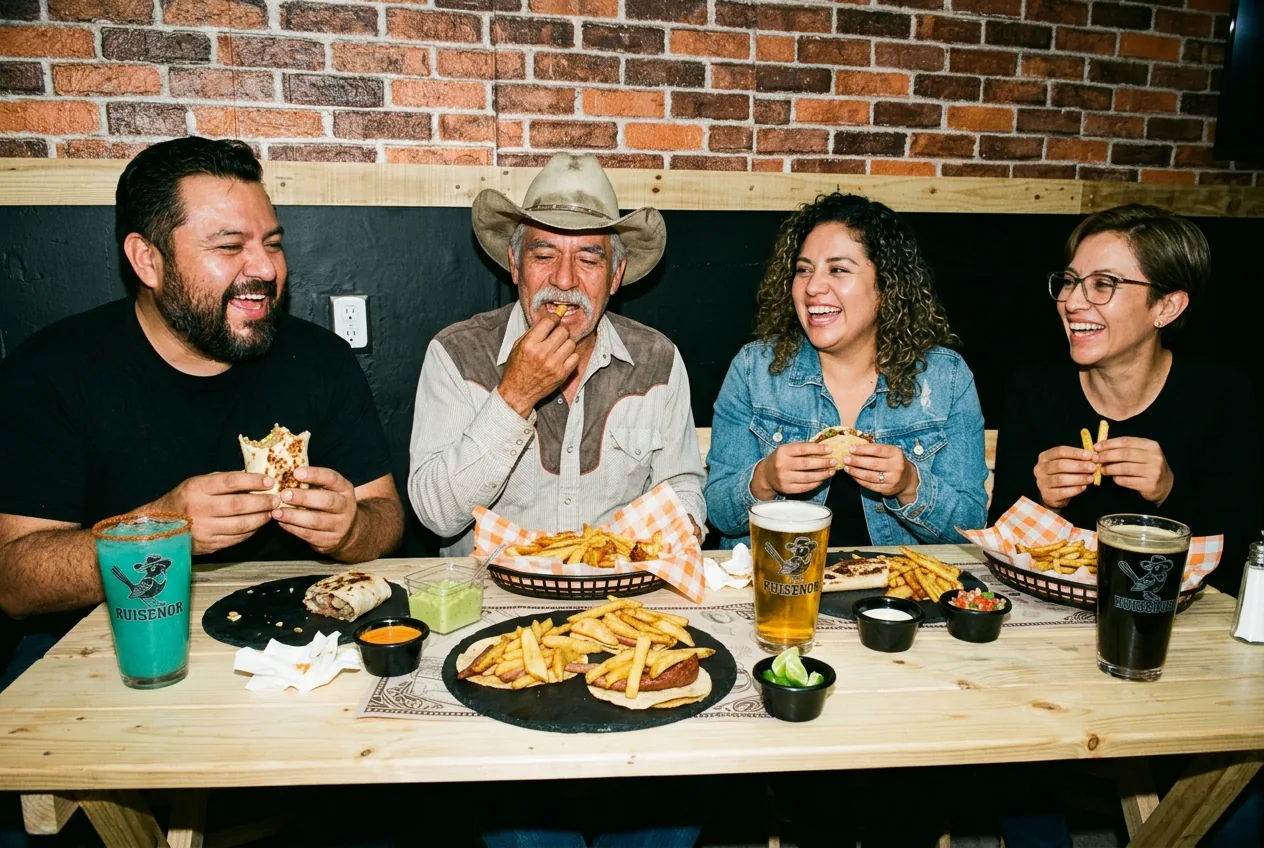 Cuatro amigos riendo en una mesa larga de madera, con tacos, papas y cerveza de la casa
