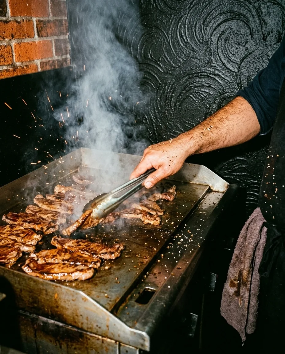 Tiras de carne asándose en la plancha, con humo y chispas