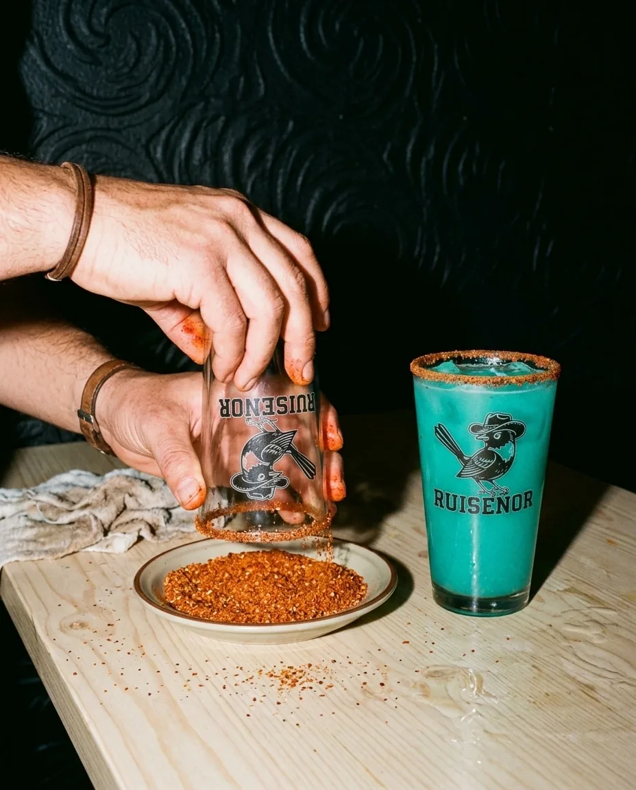 Una mano escarcha de chile un vaso con el logo de Ruiseñor, junto al Quetzal azul turquesa