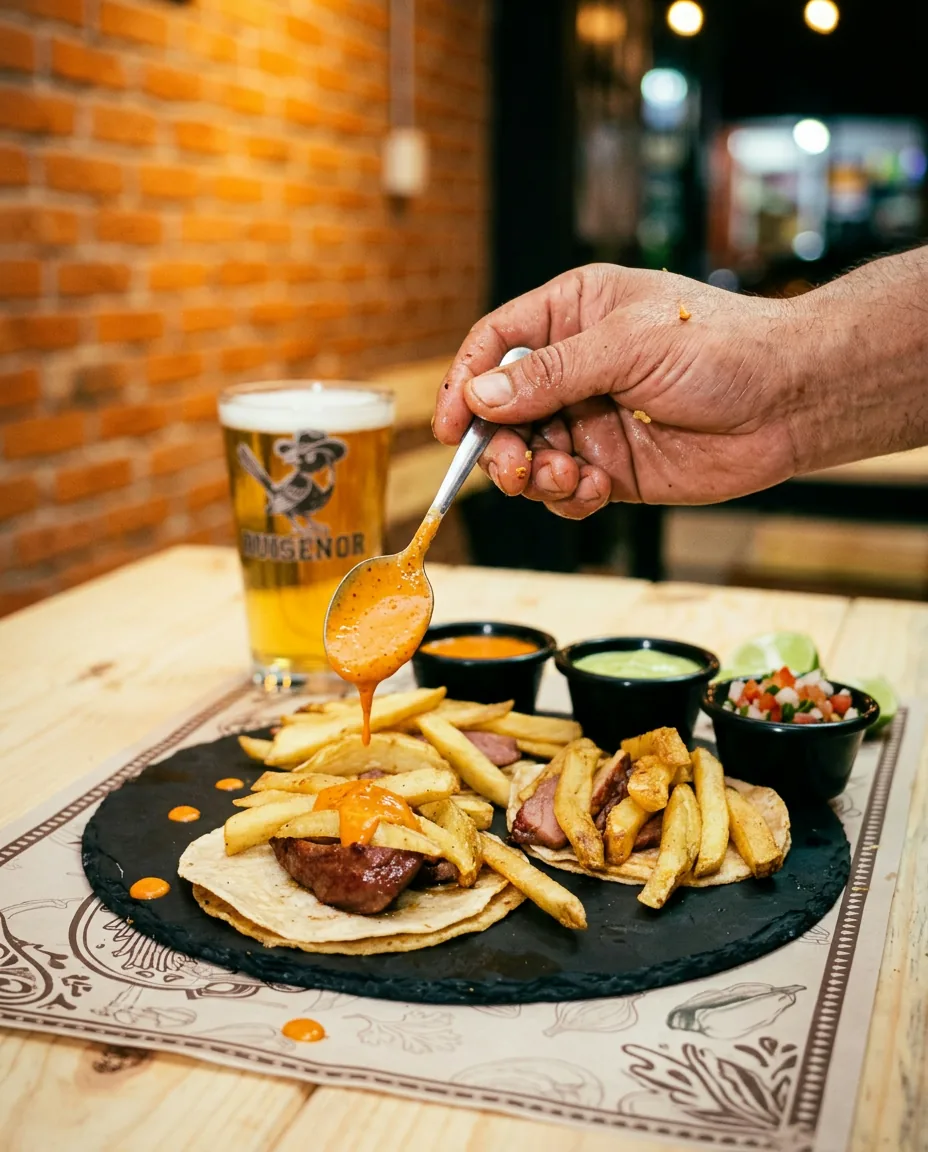 Una mano baña con salsa secreta unos tacos de rib eye sobre plato negro, junto a una cerveza clara